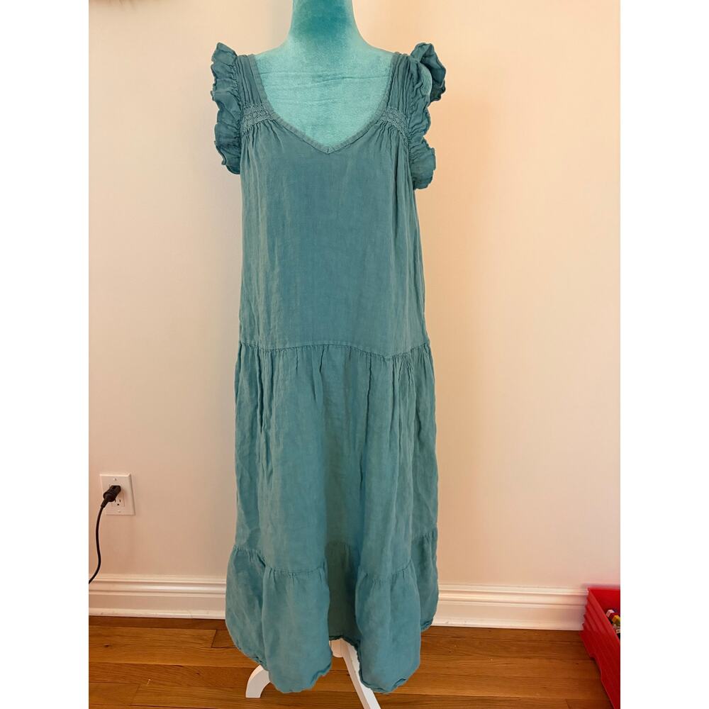 Tempo Paris  cotton Tiered Midi Dress S Excellent Teal Coastal Cottage oversized